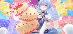 Rule 34 | 1girl, :o, absurdres, artist logo, balloon, blue eyes, blue hair, cake, cleavage cutout, clothing cutout, confetti, dress, floating hair, food, fruit, gem, hair between eyes, happy birthday, highres, holding, holding cake, holding food, holding plate, hololive, hoshimachi suisei, hoshimachi suisei (stellar into the galaxy), juliet sleeves, long hair, long sleeves, looking at viewer, mercs (kapebeovorus), open mouth, plate, puffy sleeves, raised eyebrows, solo, star (symbol), star balloon, star in eye, strawberry, strawberry cake, surprised, symbol in eye, twitter username, upper body, virtual youtuber