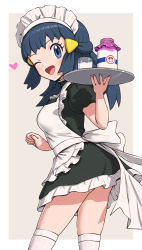Rule 34 | 1girl, ;d, alternate costume, apron, black dress, blue eyes, blue hair, border, bottle, breasts, contrapposto, creatures (company), cup, dawn (pokemon), dress, enmaided, frilled dress, frills, from side, game freak, gonzarez, hair ornament, hand up, heart, highres, holding, holding tray, long hair, looking at viewer, looking to the side, maid, maid apron, maid headdress, milk, milk bottle, moomoo milk, nintendo, one eye closed, open mouth, pokemon, pokemon (anime), pokemon dppt (anime), short sleeves, smile, solo, thighhighs, tray, white border, white thighhighs, zettai ryouiki