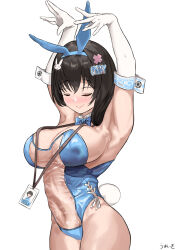 Rule 34 | 1girl, animal ears, armpits, arms up, blue bow, blue bowtie, blue hair, blue leotard, blush, bow, bowtie, breasts, brown hair, closed eyes, closed mouth, detached collar, elbow gloves, fake animal ears, fake tail, gloves, goddess of victory: nikke, highres, id card, large breasts, leotard, long hair, mary (medical rabbit) (nikke), mary (nikke), multicolored hair, nyokki 0v0, official alternate costume, playboy bunny, rabbit ears, rabbit tail, see-through clothes, see-through leotard, smile, solo, strapless, strapless leotard, streaked hair, tail, thighhighs, white gloves, white thighhighs