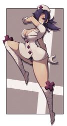 Rule 34 | 1girl, bandaged leg, bandages, black panties, blue hair, border, breasts, cleavage, dress, eyepatch, full body, gloves, hair over one eye, hand up, hat, highres, jumping, lab coat, lamb-oic029, leg up, looking at viewer, mask, microdress, mouth mask, nurse, nurse cap, one eye covered, panties, pantyshot, ponytail, red eyes, shoes, short sleeves, skullgirls, solo, standing, standing on one leg, surgical mask, thong, underwear, valentine (skullgirls), white border, white dress, white footwear, white gloves, white hat