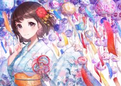 Rule 34 | 1girl, brown hair, hair ornament, japanese clothes, kimono, looking at viewer, mika pikazo, original, purple eyes, sash, short hair, smile, solo, wind chime