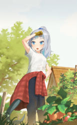 Rule 34 | 1girl, alternate costume, bad id, bad twitter id, blue eyes, blue pants, blurry, blurry background, blush, breasts, carrot, cherry tomato, clothes around waist, day, denim, etta, feet out of frame, fins, fish tail, gawr gura, hair ornament, hair scrunchie, hand on forehead, highres, hololive, hololive english, house, jeans, looking afar, medium hair, multicolored hair, open mouth, pants, plaid, plaid sweater, red sweater, scrunchie, shark tail, sharp teeth, shirt, silver hair, sky, small breasts, solo, standing, streaked hair, sweater, sweater around waist, tail, teeth, tomato, tree, virtual youtuber, white shirt