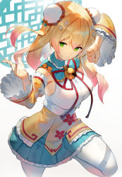 Rule 34 | 1girl, absurdres, blonde hair, breasts, bun cover, chinese clothes, detached sleeves, double bun, fighting stance, flower, gradient hair, green eyes, hair between eyes, hair bun, hair flower, hair ornament, highres, hololive, knee up, large breasts, long hair, looking at viewer, momosuzu nene, multicolored hair, neck bell, pantyhose, pink hair, red ribbon, ribbon, scottie (phantom2), solo, virtual youtuber, white flower, white pantyhose, yellow sleeves