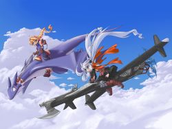 Rule 34 | 2girls, borrowed character, cloud, day, dragon, flying, girl with a blonde braid (tomoshibi hidekazu), highres, mof, mof&#039;s silver haired twintailed girl, multiple girls, original, redrantem&#039;s orange haired girl