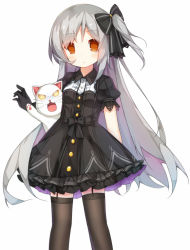 Rule 34 | 1girl, animal, black bow, black dress, black gloves, black thighhighs, blank eyes, blush, bow, cat, closed mouth, closers, dress, frilled dress, frills, garter straps, gloves, grey hair, hair bow, lace-trimmed sleeves, lace trim, long hair, looking at viewer, one side up, orange eyes, puffy short sleeves, puffy sleeves, short sleeves, simple background, solo, standing, tareme, tengxiang lingnai, thighhighs, tina (closers), very long hair, white background