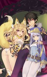 Rule 34 | 1boy, 2girls, animal ears, ass, bare shoulders, black hair, blonde hair, blue eyes, blue hair, clothes pull, cover, cover page, fox ears, fox tail, hair between eyes, hand on another&#039;s shoulder, hand on another&#039;s thigh, hat, highres, kuina (maou-sama no machi zukuri!, kuina (maou-sama no machi zukuri!), long hair, looking at viewer, maou-sama no machi zukuri! ~saikyou no dungeon wa kindai toshi~, multiple girls, novel cover, official art, panties, pantyhose, pleated skirt, procel (maou-sama no machi zukuri!), red eyes, rorono (maou-sama no machi zukuri!), skirt, skirt pull, smile, tail, tsurusaki takahiro, underwear, very long hair, white panties