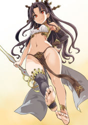 Rule 34 | 1girl, anklet, armlet, armpits, asanagi, asymmetrical legwear, asymmetrical sleeves, bare arms, bare legs, bare shoulders, barefoot, black detached sleeves, black hair, black ribbon, black thighhighs, breasts, crop top, crown, detached sleeves, earrings, elbow gloves, fate/grand order, fate (series), feet, female focus, foot focus, from below, full body, gloves, gradient background, groin, hair ribbon, hand on own hip, highres, holding, holding weapon, hoop earrings, ishtar (fate), jewelry, legs, loincloth, long hair, looking at viewer, looking down, midriff, navel, neck ring, no panties, no shoes, off shoulder, pelvic curtain, red eyes, revealing clothes, ribbon, single elbow glove, single thighhigh, small breasts, smile, soles, solo, strapless, thighhighs, thighlet, thighs, toeless legwear, toes, tohsaka rin, two side up, type-moon, uneven legwear, uneven sleeves, weapon, wide hips