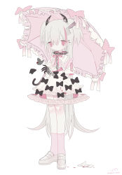 Rule 34 | 1girl, absurdres, black bow, blood, blood on clothes, blood on ground, bone, bow, bug, butterfly, chain, collar, commentary, demon horns, dress, dress bow, ear piercing, english commentary, frilled dress, frilled umbrella, frills, full body, gloves, hair between eyes, highres, holding, holding umbrella, horns, insect, knife in head, lace, lace gloves, legs together, lolita fashion, long hair, looking at viewer, multicolored hair, nail polish, object through head, original, outo eguchi, parasol, piercing, pink bow, pink eyes, pink nails, pink ribbon, pink socks, pink umbrella, red eyes, ribbon, scar, scar on leg, scar on neck, shoes, short sleeves, signature, simple background, single glove, socks, solo, spiked collar, spikes, standing, straight hair, streaked hair, twitter username, two side up, umbrella, very long hair, white background, white dress, white footwear, white hair