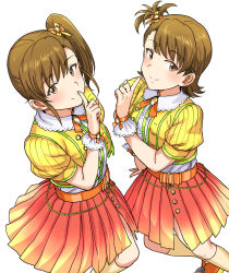 Rule 34 | 2girls, brown eyes, brown hair, closed mouth, dress shirt, finger to mouth, futami ami, futami mami, gradient skirt, highres, idolmaster, idolmaster (classic), index finger raised, kneehighs, long hair, looking at viewer, miniskirt, multicolored clothes, multicolored skirt, multiple girls, neck ribbon, one side up, orange footwear, orange ribbon, pleated skirt, red skirt, ribbon, shirt, short hair, short sleeves, siblings, side ponytail, simple background, sisters, skirt, smile, socks, standing, tsurui, white background, wrist cuffs, yellow legwear, yellow shirt, yellow skirt
