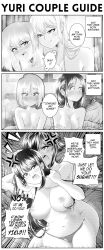 Rule 34 | ..., 3koma, 6+girls, absurdres, and so they were both bottoms (meme), anger vein, angry, awkward, bed, bed sheet, bedroom, blush, breasts, closed mouth, comic, emphasis lines, english text, greyscale, grs-, hair censor, heart, highres, large breasts, long hair, looking to the side, medium breasts, meme, monochrome, multiple girls, navel, nipples, open mouth, original, panties, pillow, profanity, right-to-left comic, shared speech bubble, short hair, shouting, speech bubble, spoken ellipsis, sweat, teeth, topless, underwear, upper teeth only, wrestling, yuri