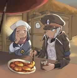 Rule 34 | 1boy, 1girl, ?, akari (pokemon), black coat, blush, chewing, chopsticks, closed mouth, coat, commentary request, creatures (company), cup, eating, evening, facial hair, food, galaxy expedition team survey corps uniform, game freak, goatee, grey eyes, grey hair, happy, hat, head scarf, high collar, ingo (pokemon), iwashiba, looking at another, mochi, nintendo, oil-paper umbrella, outdoors, overcoat, peaked cap, pearl clan outfit, pokemon, pokemon legends: arceus, red scarf, scarf, sideburns, smile, sparkle, speech bubble, spoken question mark, torn clothes, torn coat, umbrella, undershirt, yunomi