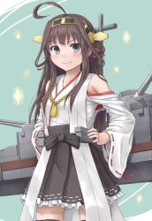 Rule 34 | &gt;:), 10s, 1girl, ahoge, bad id, bad pixiv id, bare shoulders, black skirt, blush, brown eyes, detached sleeves, double bun, frilled skirt, frills, grey eyes, hairband, hands on own hips, headgear, japanese clothes, kantai collection, kongou (kancolle), looking at viewer, machinery, nontraditional miko, pleated skirt, ribbon-trimmed sleeves, ribbon trim, skirt, smile, solo, thighhighs, v-shaped eyebrows, wide sleeves, yuyuzuki (yume usagi), zettai ryouiki