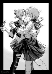 Rule 34 | 1boy, 1girl, absurdres, annie leonhart, armin arlert, blush, breath, closed mouth, couple, cropped jacket, crossdressing, earclip, eye contact, eyeshadow, face-to-face, feet out of frame, glasses, greyscale, hair between eyes, hair bun, hand on another&#039;s back, hand up, hands up, hetero, highres, holding, holding removed eyewear, hug, jowell she, kneehighs, lipstick, long sleeves, looking at another, makeup, midriff peek, miniskirt, monochrome, nail polish, necktie, open mouth, outside border, outstretched arm, pantyhose, parted lips, pleated skirt, reaching, school uniform, serafuku, shingeki no kyojin, shirt partially tucked in, short hair, single hair bun, skirt, smile, socks, sweat, torn clothes, torn pantyhose, trap, twitter username, unworn eyewear, updo