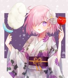 Rule 34 | 1girl, absurdres, blush, candy apple, commentary request, cotton candy, fate/grand order, fate (series), flower, food, hair flower, hair ornament, hair over one eye, harukappa, highres, holding, holding food, japanese clothes, kimono, looking at viewer, mash kyrielight, obi, one eye covered, pink hair, pink kimono, purple eyes, sash, short hair, solo, wide sleeves, yukata