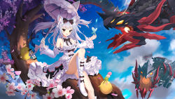 Rule 34 | &gt; &lt;, 1girl, animal-themed umbrella, animal ears, artillery, azur lane, babnagganyaokyule, bare shoulders, black bow, blue butterfly, blue sky, boots, bow, breasts, bug, butterfly, cat ears, dress, dress bow, flower, frilled boots, frilled dress, frilled umbrella, frills, hair flower, hair ornament, highres, holding, holding umbrella, insect, long hair, looking at viewer, manjuu (azur lane), non-humanoid robot, off-shoulder dress, off shoulder, official alternate costume, orange eyes, parasol, pink flower, robot dragon, sky, small breasts, solo, turret, umbrella, white bow, white dress, white flower, white footwear, white hair, white theme, white umbrella, yukikaze (azur lane), yukikaze (sovereign of the swing) (azur lane)