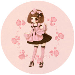 Rule 34 | 1girl, apollo chocolate, black bow, black footwear, blush, bob cut, bow, brown hair, brown skirt, dress, food, fruit, full body, hair bow, high heels, highres, kabasawa kina, lace, lace-trimmed legwear, lace trim, medium hair, original, personification, pink background, pink bow, pink dress, pink thighhighs, pleated skirt, puffy short sleeves, puffy sleeves, red eyes, ribbon, shoes, short sleeves, skirt, skirt hold, smile, solo, standing, strawberry, striped clothes, striped thighhighs, tareme, thighhighs, vertical-striped clothes, vertical-striped thighhighs, white background