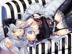 Rule 34 | 1girl, 2009, ayano naoto, blue hair, blush, breasts, clothes pull, corset, elbow gloves, flat chest, frilled pillow, frills, galge.com, garter belt, gloves, long hair, lying, navel, panties, pillow, shirt pull, solo, thighhighs, underwear, wallpaper, yellow eyes