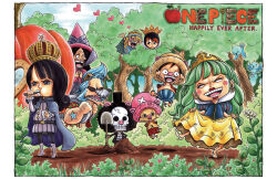Rule 34 | 2girls, 6+boys, bird, black hair, blonde hair, blue hair, blunt bangs, boots, brook (one piece), cape, chibi, clothes lift, commentary, copyright name, cosplay, cross, crown, dress, e1n, english commentary, forest, franky (one piece), green hair, hat, heart, heart-shaped eyes, high heels, holding, light blue hair, long hair, long nose, looking at another, monkey d. luffy, multiple boys, multiple girls, nami (one piece), nature, nico robin, one piece, open mouth, orange hair, pink hat, roronoa zoro, sanji (one piece), skeleton, skirt, skirt hold, sky, smile, snow white (disney), snow white (disney) (cosplay), straw hat, tony tony chopper, usopp