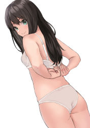 Rule 34 | 1girl, ass, bare arms, bare shoulders, black hair, blush, bra, breasts, closed mouth, commentary request, dutch angle, from behind, green eyes, hami dmg, idolmaster, idolmaster cinderella girls, long hair, looking at viewer, looking back, panties, shibuya rin, simple background, small breasts, smile, solo, underwear, underwear only, undressing, white background, white bra, white panties