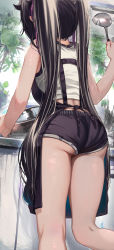 Rule 34 | 1girl, absurdres, apron, ass, bare arms, bare shoulders, black apron, black hair, black nails, black shorts, commentary request, facing away, feet out of frame, hair ribbon, highres, holding, long hair, nail polish, original, priite hari (torriet), purple ribbon, ribbon, shirt, short shorts, shorts, solo, standing, torriet, twintails, white shirt