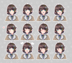 Rule 34 | 1girl, :d, :t, ;), ;q, ^ ^, ahoge, blue eyes, blush, braid, brown hair, brown jacket, brown skirt, closed eyes, closed mouth, collared shirt, copyright request, cropped torso, dress shirt, empty eyes, facing viewer, green eyes, green hair, grey background, grey shirt, grin, hair ornament, hand up, heart, highres, ittokyu, jacket, long sleeves, looking at viewer, multicolored hair, multiple views, one eye closed, open mouth, outline, pointy ears, pout, shirt, skirt, sleeves past wrists, smile, streaked hair, tongue, tongue out, upper body, white outline