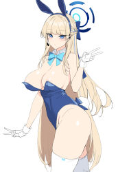 Rule 34 | 1girl, absurdres, animal ears, blonde hair, blue archive, blue eyes, blue leotard, bow, bowtie, breasts, chixiao, detached collar, fake animal ears, halo, highres, large breasts, leotard, long hair, looking at viewer, official alternate costume, playboy bunny, rabbit ears, solo, strapless, strapless leotard, thighhighs, toki (blue archive), toki (bunny) (blue archive), v, very long hair, white background, white thighhighs, wrist cuffs