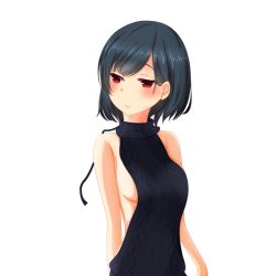 Rule 34 | 1girl, aran sweater, backless dress, backless outfit, bare shoulders, black dress, black hair, black sweater, breasts, cable knit, closed mouth, dress, halterneck, hotaru (pixiv9997209), medium breasts, meme attire, naked sweater, no bra, original, pink lips, red eyes, ribbed sweater, short hair, sideboob, simple background, solo, sweater, sweater dress, turtleneck, turtleneck sweater, upper body, virgin killer sweater, white background