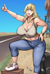 Rule 34 | 1girl, bag, blonde hair, blue eyes, breasts, cleavage, covered erect nipples, crop top, curvy, denim, desert, hair between eyes, hand on own hip, highres, hitchhiking, huge breasts, jeans, jewelry, lips, long hair, looking at viewer, messy hair, navel, necklace, no bra, open mouth, outdoors, pants, pepe (jonasan), road, shoes, smile, standing, tank top, thick thighs, thighs, thumbs up, unbuttoned, wide hips