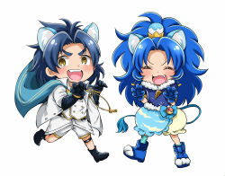 Rule 34 | 10s, 1boy, 1girl, :d, absurdres, animal ears, anri (kuro 89 428), black footwear, black gloves, blue cape, blue footwear, blue hair, blue shirt, blue skirt, blue thighhighs, blush, cape, chibi, closed eyes, crossover, crown, cure gelato, earrings, extra ears, fang, full body, gloves, highres, jacket, jewelry, kemonomimi mode, kirakira precure a la mode, layered skirt, lion ears, lion tail, long hair, looking at viewer, magical girl, mini crown, open mouth, paw pose, precure, shirt, shoes, shorts, simple background, single thighhigh, skirt, smile, standing, taikogane sadamune, tail, tategami aoi, thighhighs, touken ranbu, white background, white jacket, white shorts, white skirt, yellow eyes