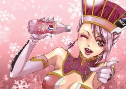 Rule 34 | 10s, 1girl, bare shoulders, blue rose (tiger &amp; bunny), breasts, cleavage, earrings, elbow gloves, fingernails, fingernails over gloves, gloves, hat, jewelry, karina lyle, large breasts, lipstick, makeup, one eye closed, pepsi, pink eyes, pink hair, pink theme, pointing, product placement, short hair, solo, superhero costume, tiger &amp; bunny, tooyama haruki, wink