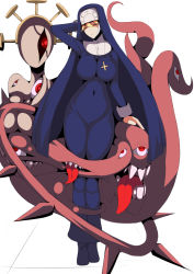 Rule 34 | 1girl, absurdres, arm up, blonde hair, breasts, covered navel, cross, cross necklace, crown, double (skullgirls), dual persona, extra eyes, extra mouth, closed eyes, habit, highres, jewelry, large breasts, long tongue, monster, monster girl, necklace, nun, sharp teeth, skullgirls, snarkilly1111, solo, standing, teeth, tentacles, tight clothes, tongue, tongue out, white background