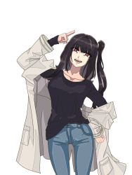 Rule 34 | 1girl, alpello1901, architect (girls&#039; frontline), black hair, black shirt, breasts, casual, coat, coat on shoulders, collarbone, denim, feet out of frame, girls&#039; frontline, hair ornament, hand up, jeans, long hair, looking at viewer, open mouth, pants, purple eyes, shirt, solo, standing, white background, white coat