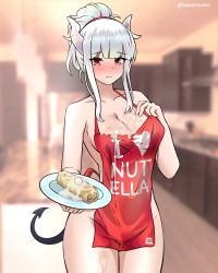 Rule 34 | 1girl, apron, bare arms, bare shoulders, blurry, blush, breasts, cleavage, closed mouth, clothes writing, collarbone, cowboy shot, cream, demon girl, demon horns, demon tail, depth of field, embarrassed, food, food on body, food on breasts, freshtango, helltaker, high ponytail, highres, horns, long hair, looking at viewer, lucifer (helltaker), medium breasts, mole, mole under eye, multiple views, naked apron, nose blush, pancake, plate, ponytail, red apron, red eyes, sidelocks, silver hair, suggestive fluid, tail, thighs