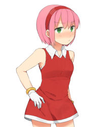 Rule 34 | 1girl, amy rose, bare shoulders, blush, bracelet, cosplay, costume, dress, gloves, green eyes, hairband, hand on own hip, hip focus, jewelry, looking to the side, nose blush, personification, pink hair, pout, red dress, red skirt, sega, short dress, short hair, simple background, skirt, sleeveless, solo, sonic (series), standing, tsuduya (knt31), white background, white gloves
