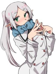 Rule 34 | 1girl, absurdres, blue scarf, buttons, commentary, drop earrings, earrings, elf, frieren, green eyes, highres, jacket, jewelry, light blush, long hair, maz 515, own hands together, pointy ears, scarf, simple background, solo, sousou no frieren, standing, twintails, upper body, white background, white hair, white jacket