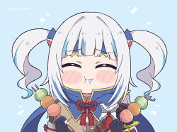 Rule 34 | ^ ^, blue hair, blunt bangs, blush stickers, cape, closed eyes, commentary, dango, eating, english commentary, food, gawr gura, hair ornament, headband, holding, holding food, hololive, hololive english, kamura (armor), kukie-nyan, long hair, monster hunter (series), monster hunter rise, multicolored hair, saliva, shark hair ornament, silver hair, solo, streaked hair, twitter username, two side up, upper body, virtual youtuber, wagashi