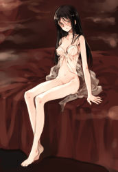 Rule 34 | 1girl, babydoll, barefoot, bed, black hair, blush, bottomless, breasts, brown eyes, brown hair, camisole, choker, cleavage, curtains, full body, game cg, grey eyes, groin, hair between eyes, indoors, lace, legs, li shuhua, light smile, lingerie, littlewitch, long hair, long legs, looking at viewer, navel, ooyari ashito, open clothes, quartett!, see-through, sitting, skinny, small breasts, smile, smoke, solo, underwear, underwear only