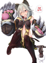 Rule 34 | 10s, 1girl, aki (akikaze asparagus), animal ears, black pantyhose, blush, breasts, claw (weapon), claws, collar, erune, granblue fantasy, grey hair, heart, navel, no shoes, one eye closed, open mouth, pantyhose, red eyes, sen (granblue fantasy), simple background, smile, solo, spoken heart, thighband pantyhose, weapon, white background
