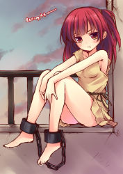 Rule 34 | 1girl, :t, barefoot, blush, breasts, cuffs, full body, izumiyuhina, long hair, looking at viewer, magi the labyrinth of magic, morgiana, off shoulder, red eyes, red hair, shackles, side ponytail, sitting, sketch, solo
