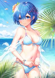 Rule 34 | 1girl, absurdres, bare shoulders, beach, bikini, blue bikini, blue eyes, blue hair, blue sky, blush, bracelet, breasts, cleavage, closed mouth, cloud, cloudy sky, collarbone, commentary, day, fingernails, front-tie bikini top, front-tie top, hair ornament, halterneck, highres, jewelry, lips, looking at viewer, medium breasts, navel, ocean, outdoors, petals, re:zero kara hajimeru isekai seikatsu, rem (re:zero), satchely, see-through, short hair, side-tie bikini bottom, sky, smile, solo, stomach, string bikini, sunlight, swimsuit, thighs, water, water drop, wet, x hair ornament