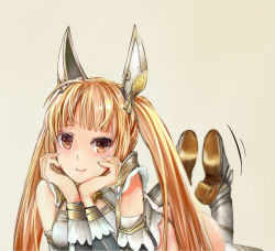 Rule 34 | 1girl, ass, blonde hair, blush, brown eyes, character request, hands on own face, headgear, long hair, looking at viewer, lying, monster hunter (series), monster hunter frontier, on stomach, smile, solo, twintails, zi-dabu