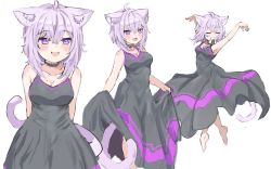 Rule 34 | 1girl, :d, adapted costume, ahoge, alternate costume, animal ear fluff, animal ears, armpits, arms up, barefoot, black choker, black dress, blush, breasts, cat ears, cat tail, choker, cleavage, commentary, cowboy shot, dancing, dress, eating, closed eyes, food, foxxarius, hair between eyes, highres, hololive, jumping, light purple hair, medium breasts, mole, mole on breast, mouth hold, multiple views, nekomata okayu, onigiri, open mouth, purple eyes, short hair, simple background, skirt hold, sleeveless, sleeveless dress, smile, symbol-only commentary, tail, virtual youtuber, white background