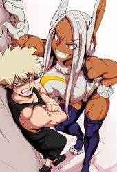 Rule 34 | 1boy, 1girl, absurdres, against wall, animal ears, assertive female, bakugou katsuki, bare shoulders, black shirt, black shorts, blonde hair, blush, boku no hero academia, breasts, brown eyes, collarbone, crossed arms, dark-skinned female, dark skin, embarrassed, eyelashes, femdom, foreshortening, from above, gloves, hand on own hip, hand on wall, heattech leotard, highres, impossible clothes, impossible leotard, kabedon, large breasts, leaning forward, leotard, long hair, looking away, mirko, muscular, muscular female, nisego, purple thighhighs, rabbit ears, rabbit girl, red eyes, shirt, shoes, shorts, smile, spiked hair, standing, standing on one leg, sweat, tank top, thighhighs, thighs, turtleneck, v-shaped eyebrows, white gloves, white hair, white leotard