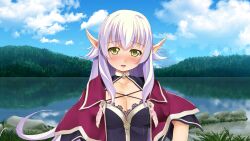 Rule 34 | 1girl, atelier-moo, black bustier, blush, breasts, capelet, cleavage, cloud, collar, dark elf, elf, embarrassed, forest, hair between eyes, highres, lake, large breasts, long hair, long pointy ears, looking down, nature, open mouth, pointy ears, purple capelet, purple hair, silvia milsteen, sky, standing, very long hair, wizards symphony, yellow eyes