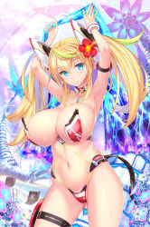 Rule 34 | 1girl, aqua eyes, arm strap, armor, armpits, arms up, bare shoulders, beach, bikini, bikini armor, blonde hair, blush, breasts, choker, cleavage, collarbone, cowboy shot, fantasy, gene (pso2), green hair, groin, hair between eyes, headgear, hicage hisoca, highres, holding, holding shawl, huge breasts, jewelry, large breasts, long hair, looking at viewer, multicolored flower, multicolored hair, navel, necklace, ocean, outdoors, phantasy star, phantasy star online 2, red bikini, revealing clothes, sand, shawl, sidelocks, smile, solo, stomach, streaked hair, swimsuit, thigh strap, thighs, tree, twintails, wet