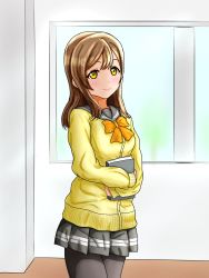 Rule 34 | 1girl, artist name, artist request, black pantyhose, blush, book, bow, bowtie, breasts, brown eyes, brown hair, buttons, cardigan, collarbone, eyebrows, female focus, grey sailor collar, grey skirt, hair between eyes, hair over shoulder, highres, holding, holding book, indoors, kunikida hanamaru, layered skirt, light brown hair, long hair, long sleeves, looking at viewer, love live!, love live! sunshine!!, medium breasts, miniskirt, orange bow, pantyhose, parted lips, plaid, plaid skirt, pleated, pleated skirt, sailor collar, school uniform, skirt, sleeves past wrists, smile, solo, sweater, uranohoshi school uniform, window, yellow cardigan, yellow eyes, yellow sweater