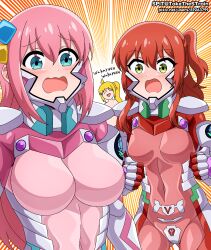 3girls ahoge armor armored_bodysuit artist_name blonde_hair blue_eyes bocchi_the_rock! bodysuit breasts covered_navel cube_hair_ornament embarrassed fortified_suit gotoh_hitori hair_ornament highres ijichi_nijika impossible_bodysuit impossible_clothes kita_ikuyo large_breasts long_hair mecha_pilot_suit medium_breasts multiple_girls muv-luv muv-luv_alternative one_side_up pauldrons pink_bodysuit pink_hair pixiv_id red_bodysuit red_hair shoulder_armor side_ponytail skin_tight spit_(takethestrain) twitter_username very_long_hair yellow_eyes