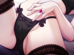 Rule 34 | 1girl, bra, flower, game cg, hell guide, jewelry, lace, lingerie, lying, m no violet, panties, ribbon, ring, solo, spread legs, sweat, thighhighs, underwear