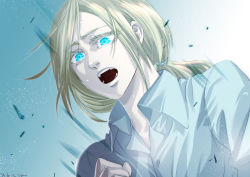 Rule 34 | 1girl, asmita, bad id, bad pixiv id, blonde hair, blue eyes, blue theme, krista lenz, colored eyelashes, gradient background, hair between eyes, looking down, official style, open mouth, ponytail, shingeki no kyojin, shirt, short hair, shouting, solo