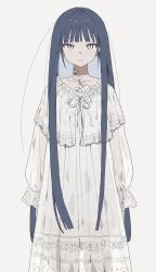 Rule 34 | 1girl, arms at sides, bandage on neck, blue hair, blunt bangs, closed mouth, empty eyes, expressionless, feet out of frame, gauze on chest, highres, lace-trimmed nightgown, light frown, long hair, long sleeves, looking at viewer, loose hair strand, nightgown, original, puffy long sleeves, puffy sleeves, scar, scar on chest, scar on neck, see-through silhouette, shirout00, sidelocks, simple background, slit pupils, solo, standing, straight-on, tsurime, very long hair, white background, white eyes, white nightgown